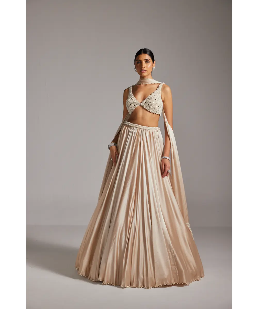 VVANI VATS- Light Beige V Neck Satin skirt Set